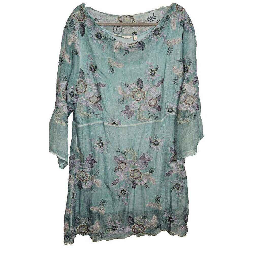 Soft Surroundings Blouse Womens XL Green Silk Embroidered Floral Tunic Top Bohem